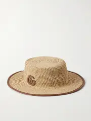 [Gucci] Gucci - Appliquéd Leather-trimmed Straw Hat - Light brown - L L Brown