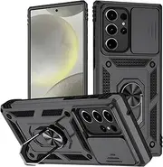 [T Tersely] for Samsung Galaxy S24 Case with Camera Cover and Stand Kickstand Ring Military Grade Shockproof Protective Cover Back Wtih Car Magnetic Mount (Black)