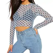 POLKA DOT MESH TOP SHEER CROPPED BABY BLUE CROP LONG SLEEVE TEE BOOHOO SIZE 12