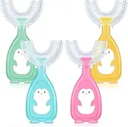 4 Packs Kids U Shaped Toothbrush, Food Grade Soft Silicone Head, Age 2-6 Kidstoothbrush 360 Degree Oral Teeth Cleaning Design for Toddlers and Children (Penguin Style)