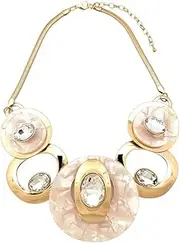 [Fashion 21] Women's Celluloid Acetate Oval Disc Glass Stone Metal Link Statement 17"+ Extension Link Necklace
