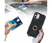 Full Protection Cover for iPhone 12 Mini, 2 Cards PU Leather Case with Ring Holder - Black