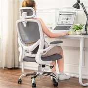 Ergonomic Home Office Chair, High Back Mesh Desk Chair with Adjustable Lumbar Support, Flip-up Armrest, Removable Headrest, Swivel Computer Gaming Chair, Space Saving, 150KG (White+Grey)