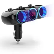 Universal Digital Display Car Charger Dual Socket Splitter USB Charging 3 Way Cig arette Lighter 12/24V