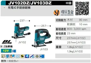 MAKITA 牧田 JV103DZ 充電式手提線鋸機 JV103D 12V 充電 電動 手提 線鋸機 無刷 空機 JV103【璟元五金】