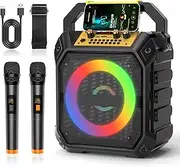 MANGOSTAN Karaoke Machine with Bluetooth and 2 Wireless Microphone for Adults & Kids, Portable Karaoke Speaker with TWS Mode, PA System, LED Light, REC, FM Radio, AUX, USB, TF Card for Home Party
