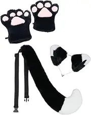 Hellery Cat Ears and Tail Set Hairband Decor Paw Gloves for Party Favors Role Playing, Black and White