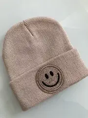 New Kids Smiley Face Knitted Beanie Tan & Tan Metallic Boys & Girls Winter Hat
