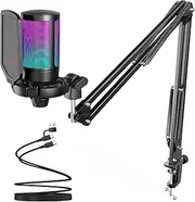 USB PC Microphone Kit, FIFINE Gaming Streaming Podcast Mic Set for Recording, Chat, YouTube Video, Computer Condenser RGB Microphone for PS4/PS5 with Tap-to-Mute, Gain Knob, Boom Arm Stand-A6T