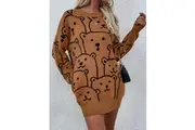 Smiley Polar Bear Knit Sweater Dress - Brown