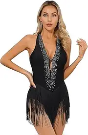 [Jugaoge] Women's Glittery Halter Neck Leotard with Fringe Latin Jazz Salsa Rumba Dance Costume Ballroom Dancewear