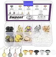 Swpeet 80Pcs Assorted 12mm Flat Round Earring Bezel Trays Set, 20Pcs Stainless Steel Stud Earring Posts Cup, 20Pcs Earring Wire Hooks, 40Pcs Glass Cabochon, Earring Settings Trays for Jewelry Making