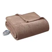 Pemberly Row Polyester Knitted Micro Fleece Solid Textured Heated Blanket- Brown