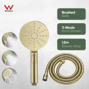 Hand Held Shower Head and 1.5m Shower Hose Brushed Gold Bathroom Round 3-Mode