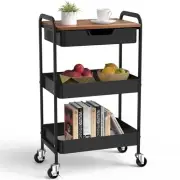 3 Tier Rolling Cart with Drawer, Metal Utility Cart on Wheels Storage Cart wi...