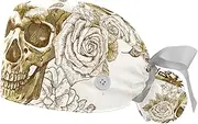 [WOSHJIUK] Working Hat 2 Pack Scrub Caps for Women,Skull Rose Retro Horror,Tie Back Cap Adjustable Scrub Hat