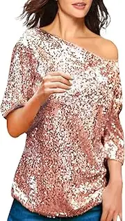 [Generic] Plussize Sparkly Tops Compression Sequin Tee Shirt - Midi Sleeve Solid Color Sequined Slanted Shoulder Mid Sleeve T Shirt - Loose Base Sequin Glitter Half Puff Sleeve Casual Blouse Top