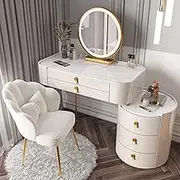 Solid Wood Luxury Dressing Table Set with Rock Slab Top Modern Makeup Storage Cabinet LED Mirror Stool and 5 Drawers