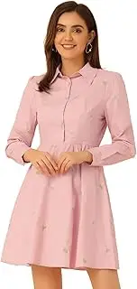 [Allegra K] Women's Embroidered Floral Turn Down Collar Long Sleeve Button Shirt Dress