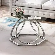 O&K FURNITURE Glass Coffee Table, Modern Silver Coffee Table Living Room Table with Ring-Shaped Frames, Round Coffee Table for Home&Office, Chrome Finish, 1 PC