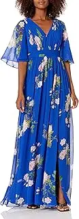[Adrianna Papell] Women's Floral Chiffon Dress with Flutter Sleeves, Royal