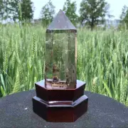 0.81LB Top Natural Phantom Ghost Clear Quartz Crystal Point Tower Healing +Stand