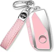 QBUC for BMW Key Fob Cover with Keychain Chrome Silver Trim Soft TPU Protection Case Compatible with 2023 2024 BMW 7 Series 740 760i I5 I7 IX X1 X5 X6 X7 XM(Pink)