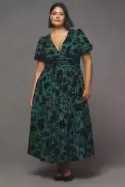Anthropologie The Katerina Button-Front Dress Teal Black Floral Flocked Maxi 1X