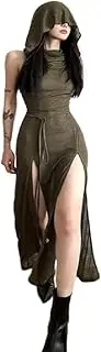 [Suillty] Women's Gothic Sleeveless Hooded Dress Y2K Side Split Hollow Out Midi Dress Bodycon Cocktail Party Club Dresses