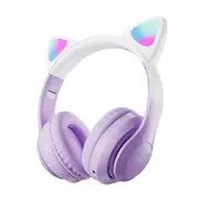 Wireless Headphone LED Cat Ear Bluetooth 5.3 Kids Headsets for PC Smartphone -Purple