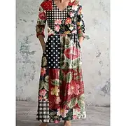 Women's Midi Dress A Line Dress Casual Outdoor Going out Loose Fit Floral Graphic 3/4 Length Sleeve V Neck Red Blue Purple Green Summer Spring Fall