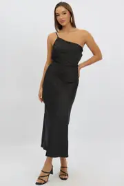 Black One Shoulder Dress Satin - Size 16XL, Women's Maxi Dress