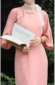 [JIMINISO] Sweet Pink Round Neck Jacquard Loose Long Cheongsam Dresses Female Ethnic Style Princess Cosplay Costumes Qipao