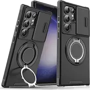 [Lumobrilla] for Samsung S23 Ultra Case,Samsung Galaxy S23 Ultra Case with [Slide Camera Cover][360° Rotate Ring Stand][Military-Grade Protective] Heavy Duty Shockproof Phone Case for S23 Ultra-Black