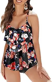 [Veranobreeze] Women's Tankini Swimwear Sets High Waist Ruffle Flounce 2 Piece Bikini Set Swimming Costume Plus Size Swimsuit