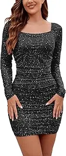 [Mxrag] Women's Square Neck Sparkly Dress Knitted Mesh Long Sleeve Open Back Ruched Short Homecoming Dresses HOCO Party Dress