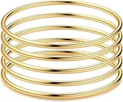 [Kakonia] 3mm 14K Gold Plated Bracelet Stainless Steel Glossy Thin Round Bangle Bracelet for Women Oval Solid Stackable Bracelets Set