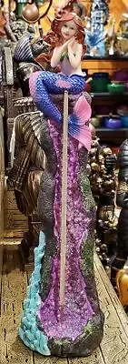 Ocean Mermaid Ariel On Purple Crystal Quarry Coral Tower Incense Burner Statue