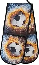 Quteprint Fire Ice Soccer Ball Sport Washable Double Oven Mitts, Heat Resistant Quilted Kitchen Oven Gloves Extra Long Potholder 7" x 35" for Cooking Baking Microwave Grilling Barbecue