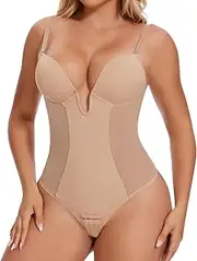 [Joyshaper] Shapewear Bodysuits Built In Bra Thong Shapewear Deep U Neck Bodysuits Backless Bodysuit for Dresses