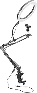 Ring Light with Overhead Phone Mount, Flexible Articulating Arm LED Desk Ring Light with Clamp, LED Selfie Light with Stand and Phone Holder, Desk Light for Video Recording
