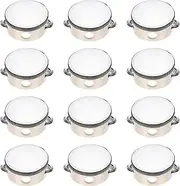uxcell 12 Pcs Tambourine Drum 4 Inch Wood Hand Held Tambourine Single Row Metal Jingle Percussion Musical Drum Instrument for Adults Church Wedding Party Games, Wood Color