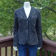 Chico's Sz 1 M/8 Blazer Jacket Black White Stripe Crinkle Linen Pocket Lined NWT