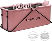 USOR 150 cm Folding Portable Bathtub Freestanding Bathtubs Foldable Collapsible tub Steaming Bath tub Home Spa for Family Adult Foldable Shower tub Bath with Cloth Cover and Neck Rest Pink