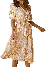 [SHINsuke] Women Cute Summer Floral Midi Dress, Beige Casual Spring Puff Sleeve Drawstring V Neck Long A-Line Swing Dresses Beach