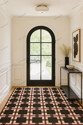 Hand Tufted Wool Rug | Modern Geometric Checkered Carpet | Black, Red & Cream ,