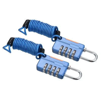 2 Pack 4 Digit Combination Lock with 3.28Ft Spring Cable, Helmet Padlock Blue
