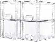 Vtopmart 4 Pack Large Stackable Storage Drawers,Easily Assemble Acrylic Bathroom Closet Undersink Organizers,Plastic Bins for Kitchen Cabinets,Pantry,Makeup,Medicine
