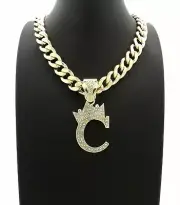 Iced Hip Hop Initial Letter C Pendant & 11mm 20" Cuban Choker Chain Necklace
