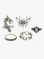 Dragon Fairy Chain Band Stone Set Of 5 Rings Burnished Silver Tone Size 7 NWT